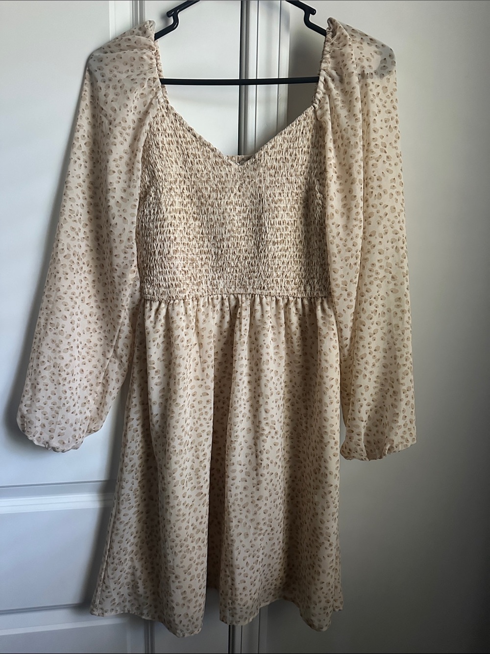 Japna Cream Leopard Print Long-Sleeve Smocked Dress